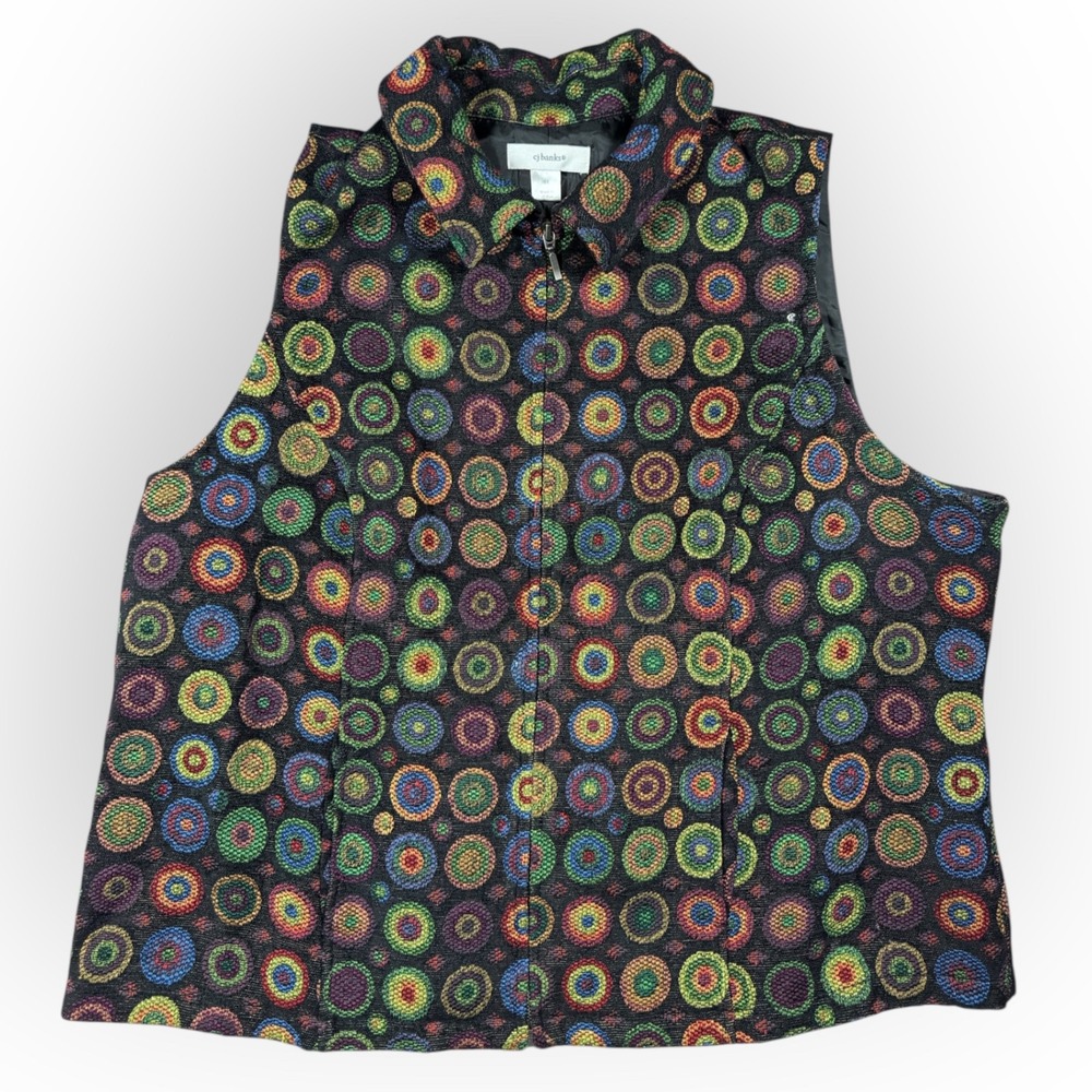 Women 1X Vest Tapestry Multicolor Circle Geometric Zip Front Lined CJ Banks Boho